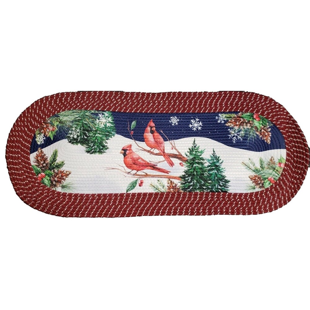 X-Large Oval Braided Kitchen Floor Runner Rug(20x48")CHRISTMAS,CARDINAL BIRDS,CE